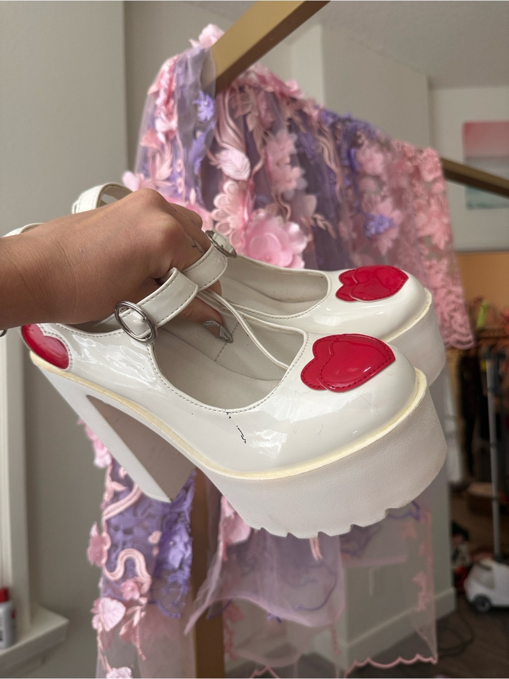 Women's White Patent Platform Heels with Red Heart Accent